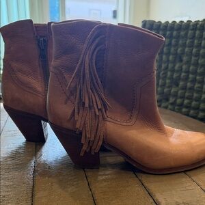 Fringe Leather Ankle Boots - Tan